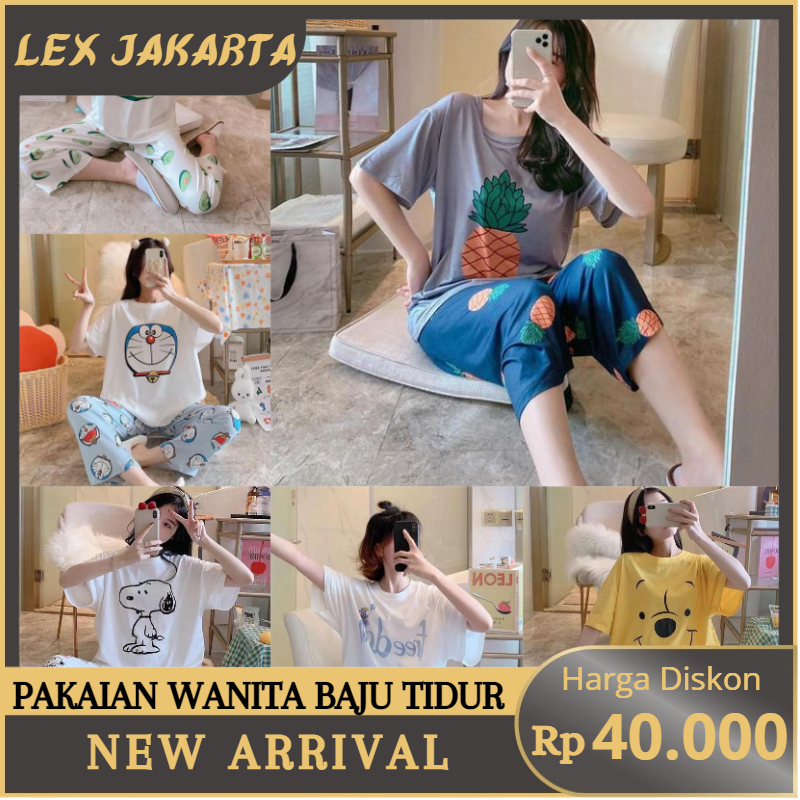 LEXJAKARTA B15 - PAKAIAN WANITA BAJU TIDUR WANITA PIYAMA SET LENGAN PENDEK CELANA PANJANG MOTIF KARTUN LUCU SETELAN TIDUR PAKAIAN RUMAH WANITA IMPORT