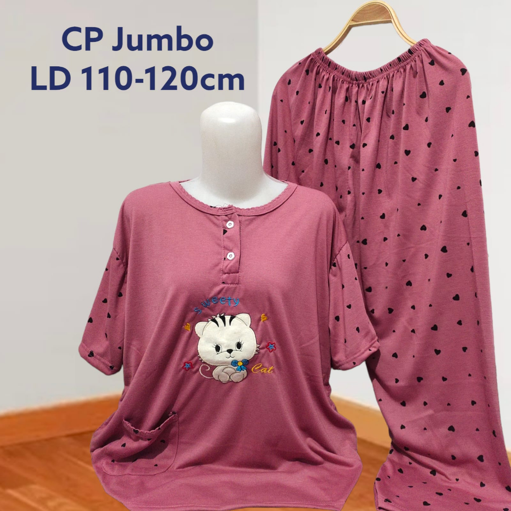 Setelan Baju Tidur Kaos CP Jumbo Big Size Babydoll Celana Panjang Wanita 3XL LD 110-120cm