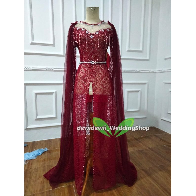 Kebaya Pengantin Cantik / Broklat Ekor Panjang + Slayer - Maroon