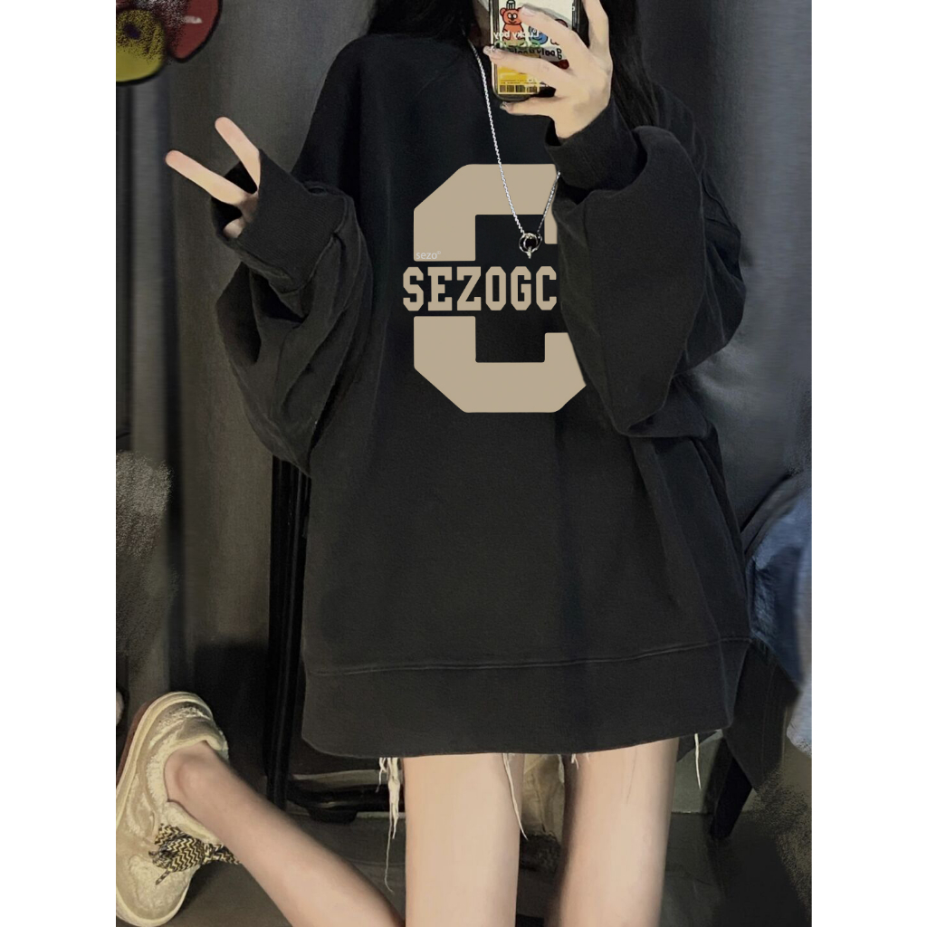 EUNII Sweater Lengan Panjang Vintage Letter C Printing Korean Style/Sweater Crop/Baju Wanita/Switer Wanita/Switer