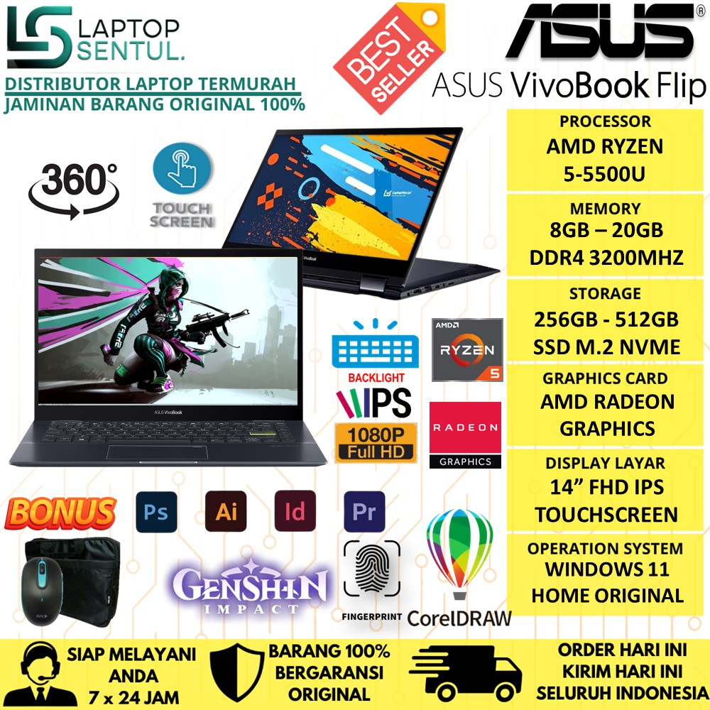 Laptop Asus Vivobook Flip TM420UA 2in1 Touch Ryzen 5 Ryzen 7 5500 5700U RAM 20GB SSD 512GB WIN 10HOME TERLARIS