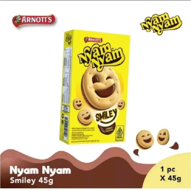 

Arnott nyam nyam SMILEY biscuit sandwich coklat 45gr