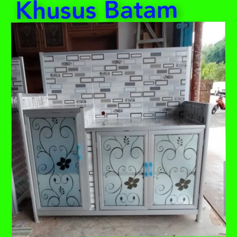 MEJA KOMPOR 3PINTU KACA MOTIF ALUMINIUM/rak kompor/lemari kompor (KHUSUS BATAM)