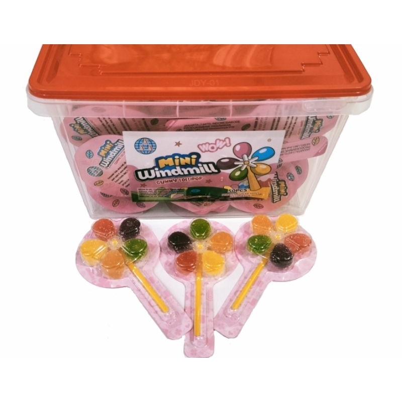 

Permen gummy / Jelly Lollipop Mini Windmill Bentuk Kipas Isi 50 Pcs | Kincir Angin Windmill Candy Tupperware Box