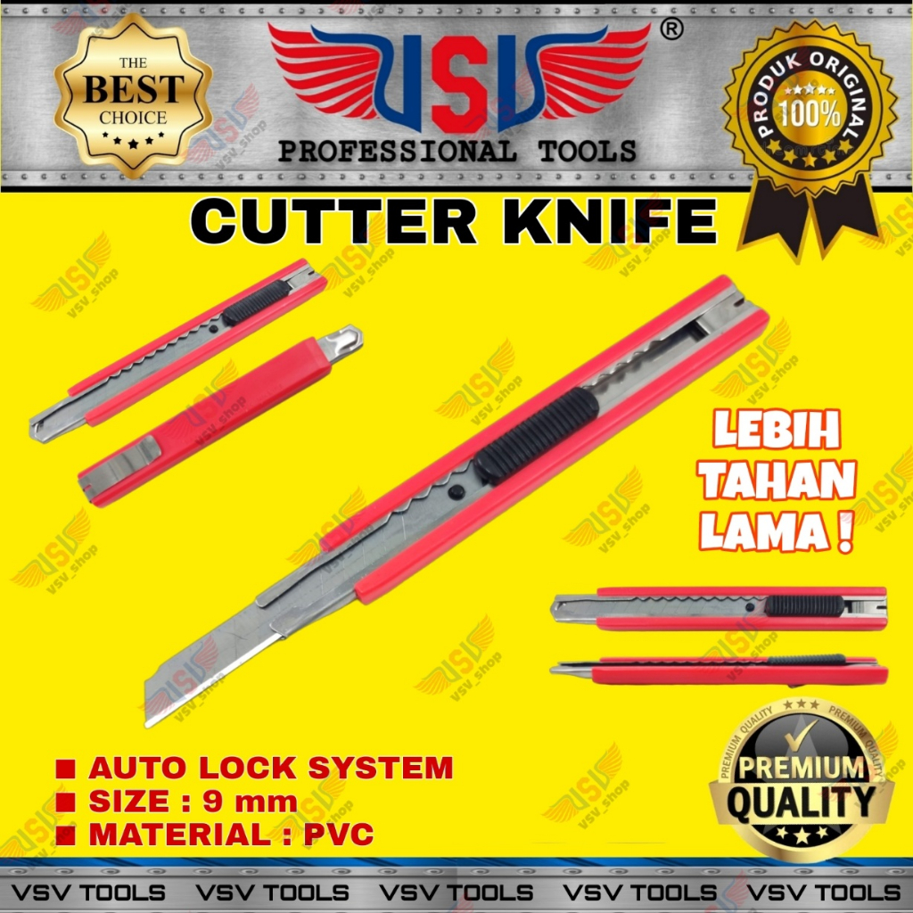 VSV Pisau Cutter Kecil 9mm Cutter Knife Auto-Lock PVC HS-04