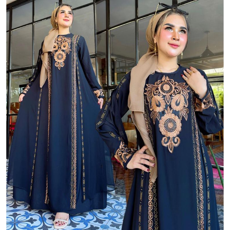 GAMIS ABAYA TURKEY BORDIR MAWAR BERDURI HITAM