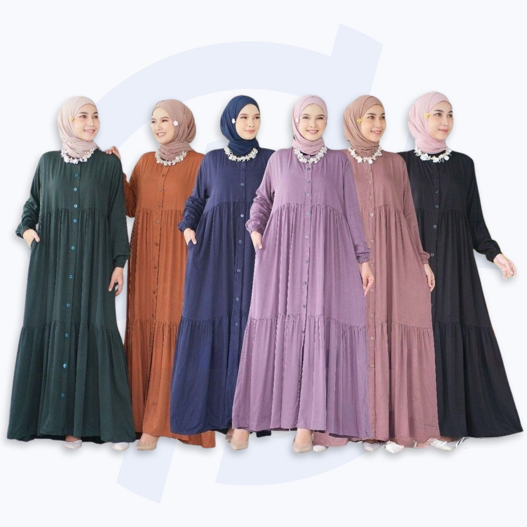 Baju Dress Wanita Muslim Rempel Polos Lengan Panjang Gamis Rayon Twill Premium Full Kancing Depan Ke