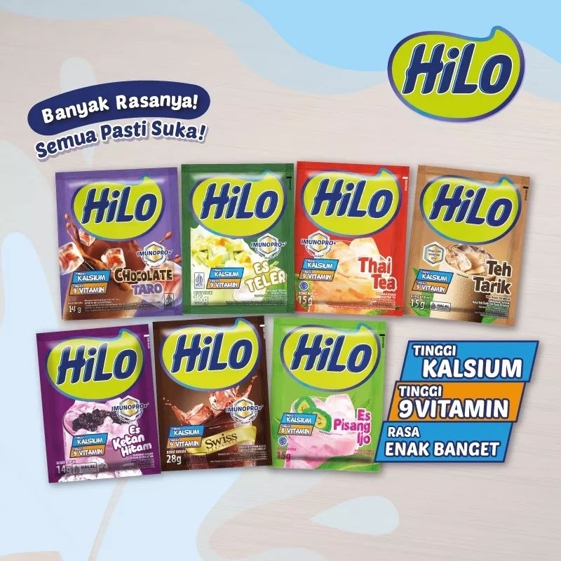 

Hilo Teh Tarik / Swiss Choco / Taro / Es Pisang Ijo / Thai Tea Sachet