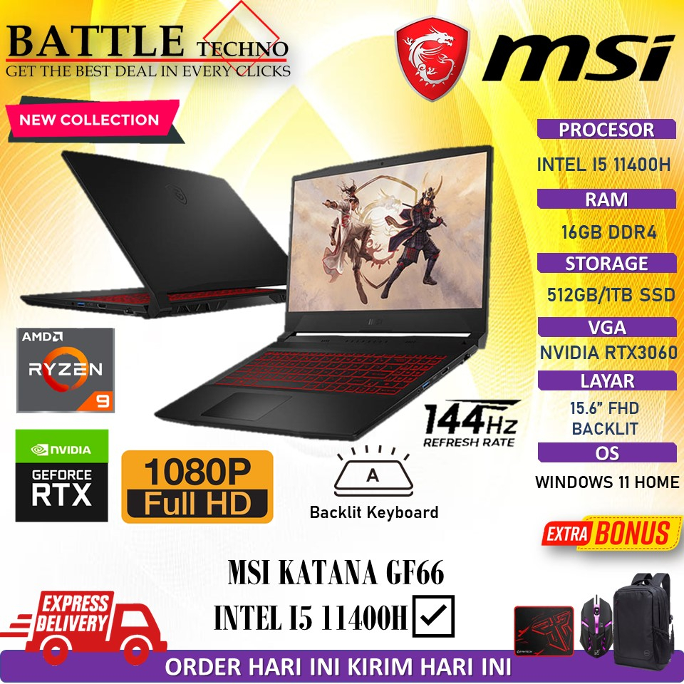 MSI KATANA GF66 INTEL I5 11400H 16GB 512GB SSD RTX3060 6GB FHD 144HZ BL WIN11 HOME