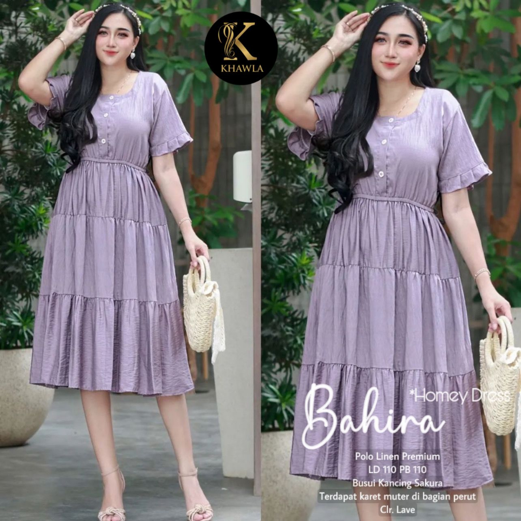 Bahira Homey Dress Wanita Midi Linen Cotton Premium Original By Khayla