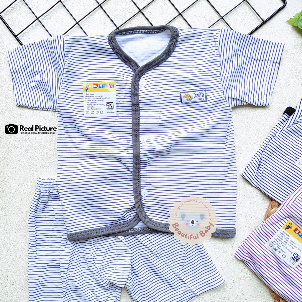 PREMIUM Setelan Baju Bayi Lengan Pendek Celana Pendek SNI Motif Salur / Kaos Oblong Bayi Kancing Depan / Setelan Harian Bayi Merk Daffa / Baby.ou