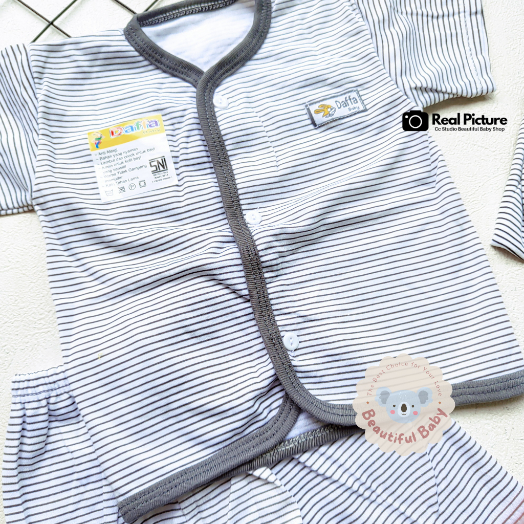 PREMIUM Setelan Baju Bayi Lengan Pendek Celana Pendek SNI Motif Salur / Kaos Oblong Bayi Kancing Depan / Setelan Harian Bayi Merk Daffa / Baby.ou