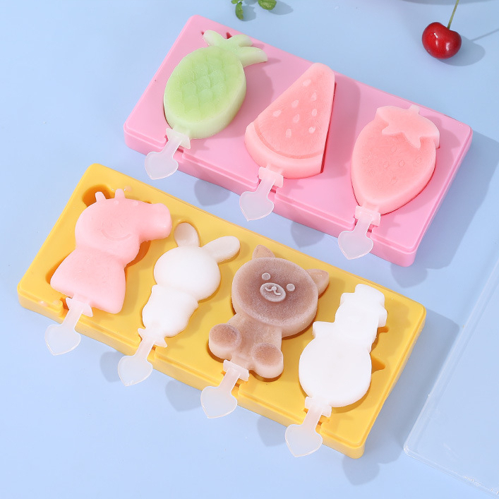 Tempat Alat Cetakan Es Krim 3 Cute Hole Silicone Mold Dessert with 50 Popsicle Sticks / Cetakan Coklat Valentine / Cetakan Es Batu Ice Cube Tray Lucu Anak Berkualitas Food Grade