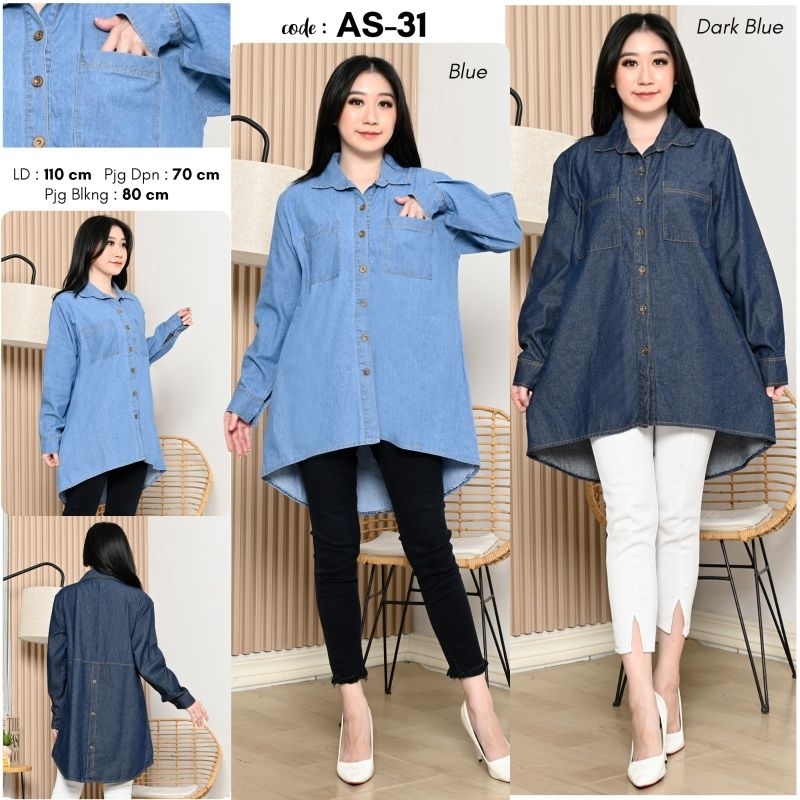 Tunik Jeans Wanita/Atasan Jeans Depan Full Kancing Hidup AS-31