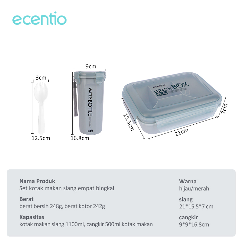 ecentio 1100ml Lunch Box set /Kotak makan /Lunch box set + botol minum /tempat makan set