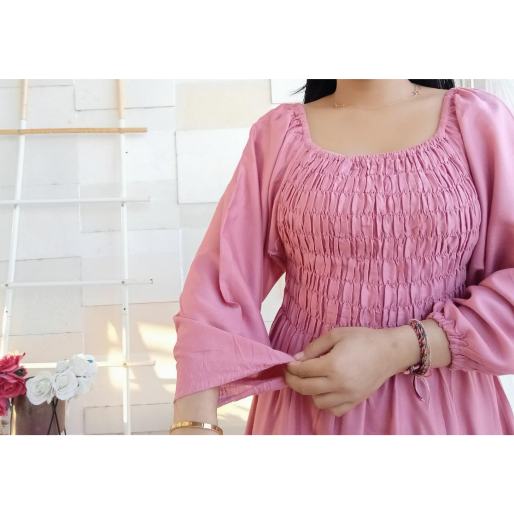 Gamis kerut canda lengan panjang polos