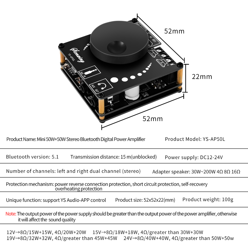 50W + 50W Amplifier Stereo Digital Mini 50WX2 40W Modul Papan Daya Audio Speaker AMP AUX APP YS-AP50L 50W * 2 Kompatibel dengan Bluetooth