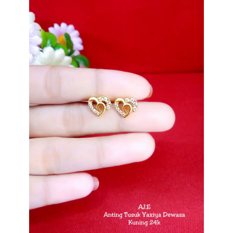 anting tusuk love zicron lapis emas 24k