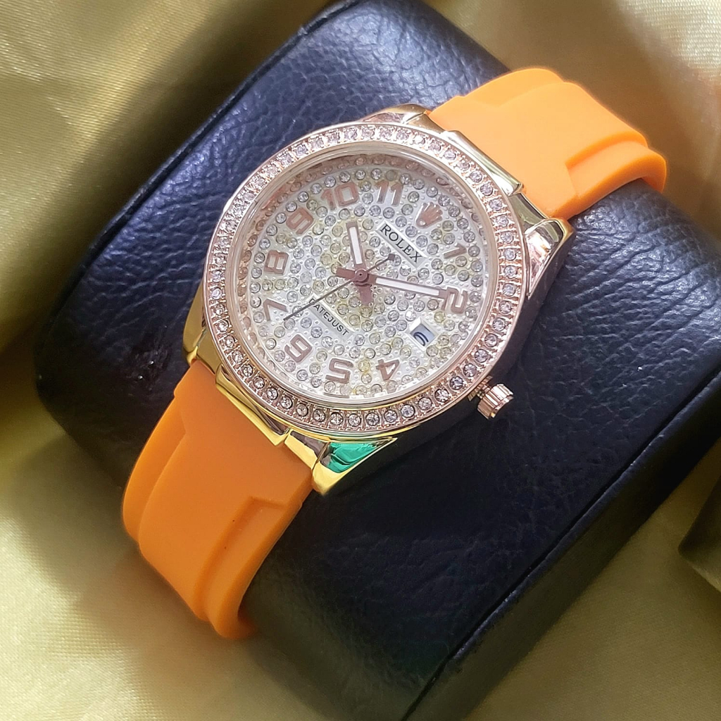 Grosiran Jam Tangan Wanita Rolex YL-965 Tanggal Aktif Tali Rubber Free Baterai dan Box