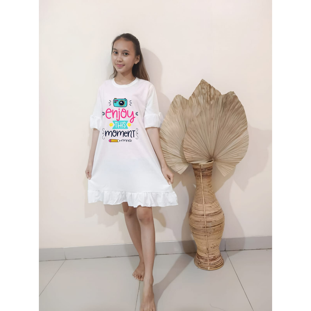 hzl_outfit Dress Anak Remaja Kerut Motif Enjoy This Moment