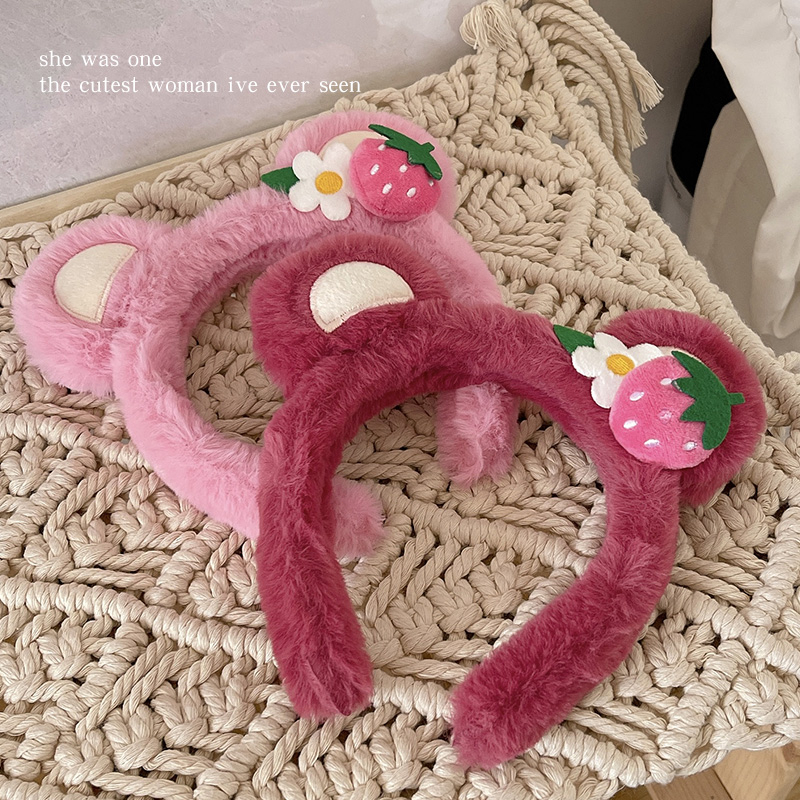 COD❤️Bando Lotso Karakter Telinga Beruang Lucu Korea Stroberi Bandana Bulu Wanita Ikat Kepala Mewah Cuci Muka Hiasan Jepit Rambut Headbands