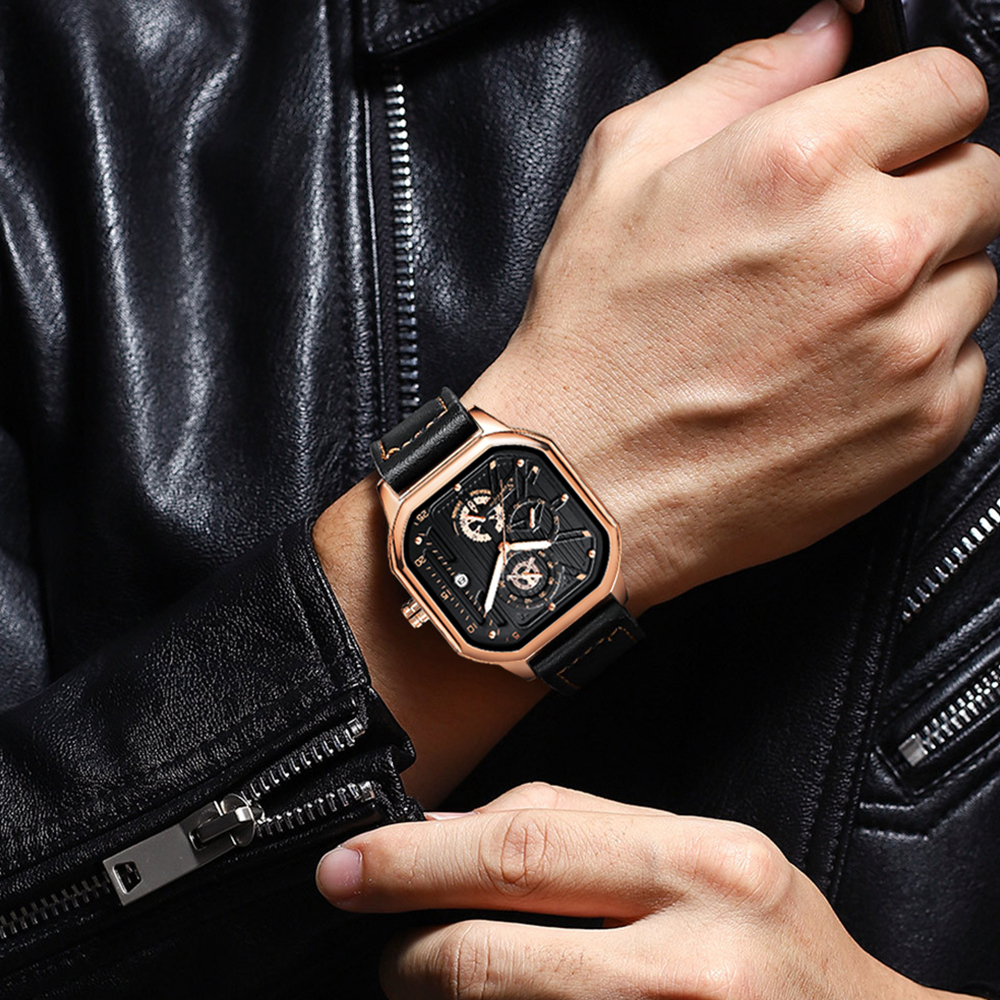 Sunlifex Jam Tangan Pria 9095 Kuarsa Olahraga Kasual Tali Kulit Pria Jam Tangan Cowok-7