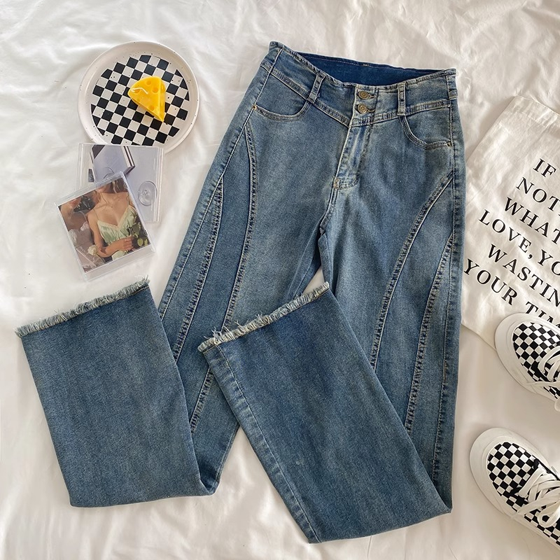 Jeans wanita model baru korea musim hujan flared jeans high waist slim fit slim fit raw edge