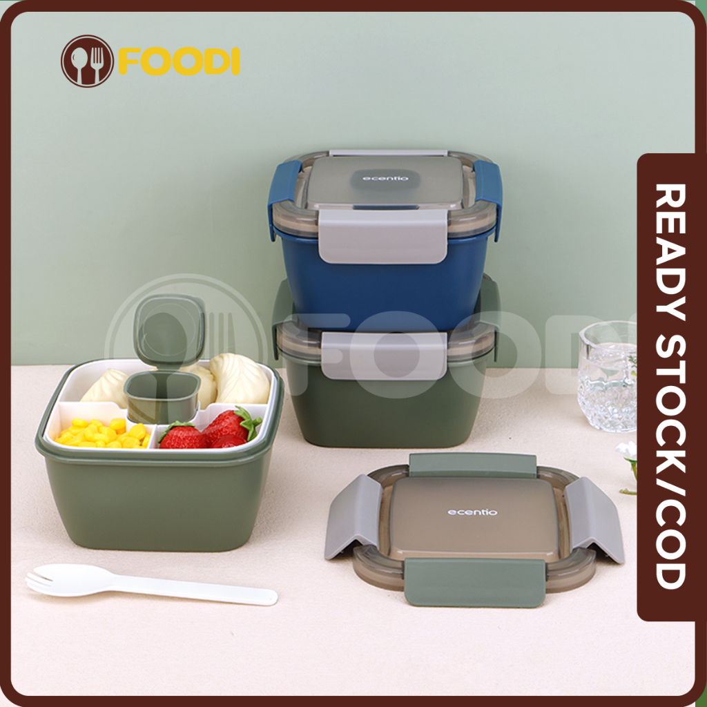 ecentio &amp; FOODI tempat makan anak 2 susun 1100ml/2000ml Free sauce cap/lunch box set anti tumpah/ tempat bekal green/double-layer lunch box set/Free sauce cap/Free sendok set