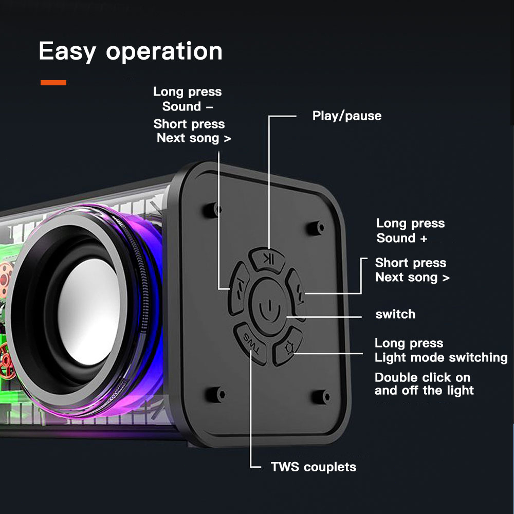 Transparan Mech Audio RGB 7 Color Light V8 Bluetooth Speaker TWS Series Bass 360 ° Stereo Surround