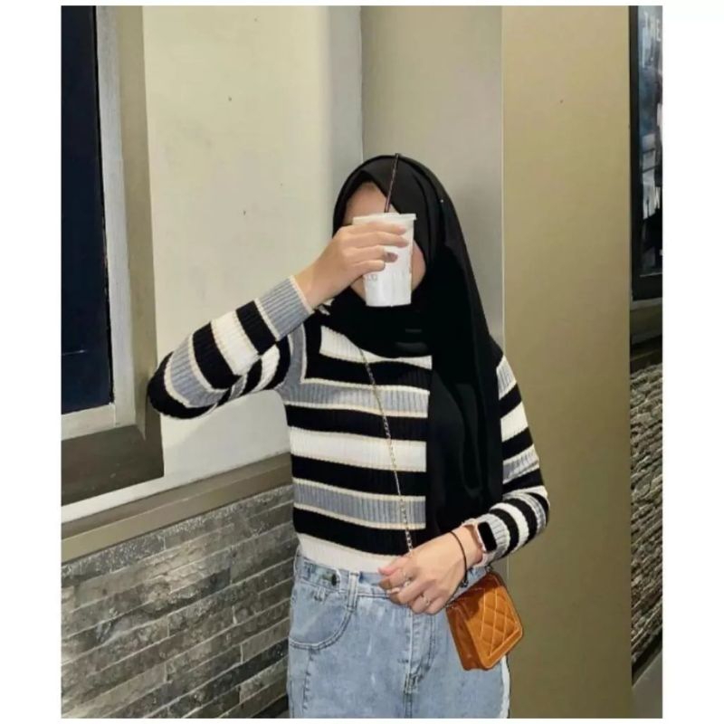 Bianca stripe knit sweater - inner wanita bahan catton premium