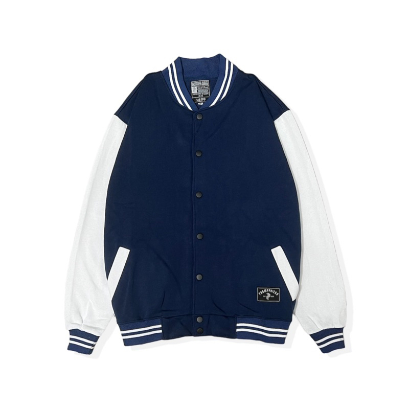 PHOMPPHIESS Jacket Varsity Polos Navy Putih Baseball Polos Pria Wanita