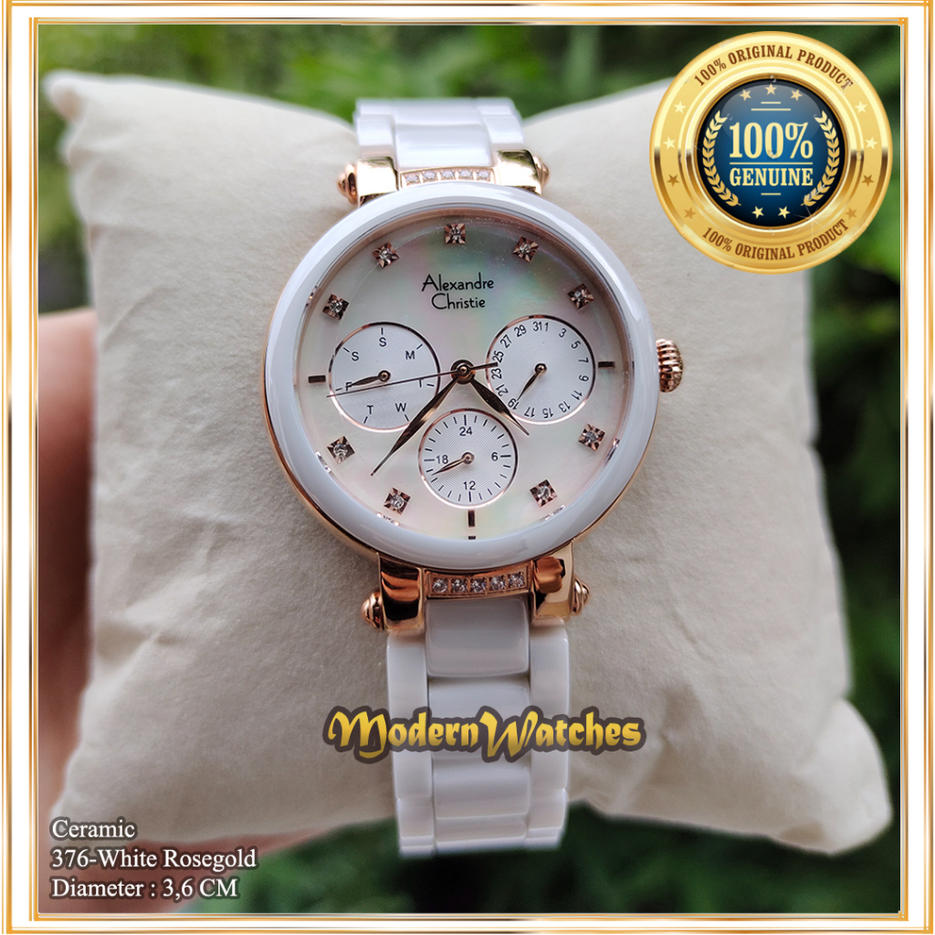 Jam Tangan Wanita Terbaru Alexandre Christie AC 2880 / 2376 / 2993 Rosegold White Keramik Putih Orig