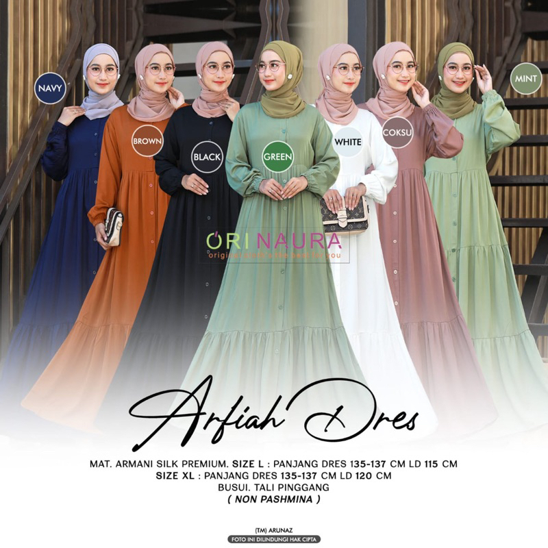 Arfiah dress by ORI NAURA BERLABEL (maxi gamis dress polos bahan armani silk premium tebal halus adem)