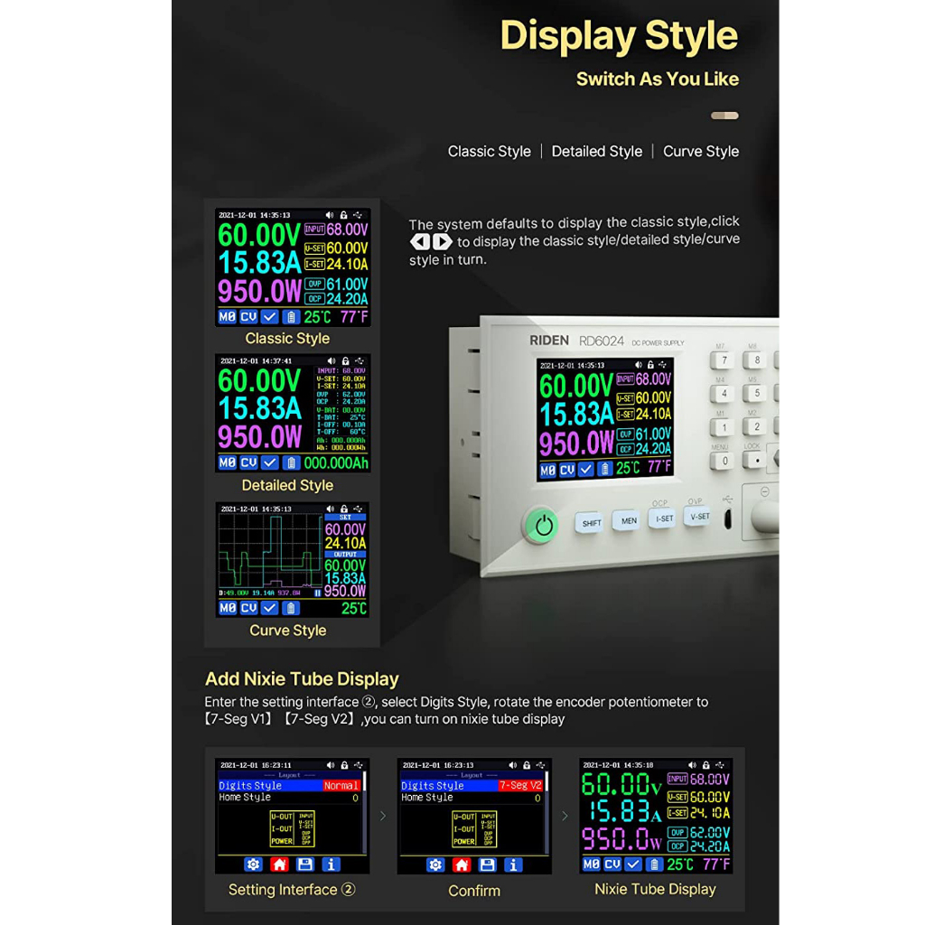 RIDEN Adjustable Power Supply DC Regulated Digital Display 24A 60V - RD6024 - Silver