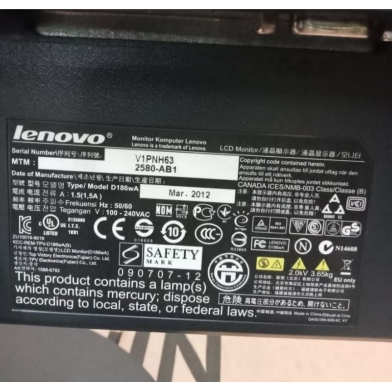 MONITOR LENOVO 19 INCH LENGKAP KABEL GARANSI