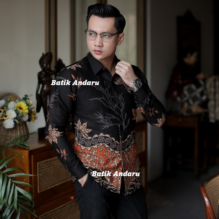 Baju Kemeja Batik Pria Slimfit Lengan Panjang Modern Heem Elegant Premium Warna Hitam Orange