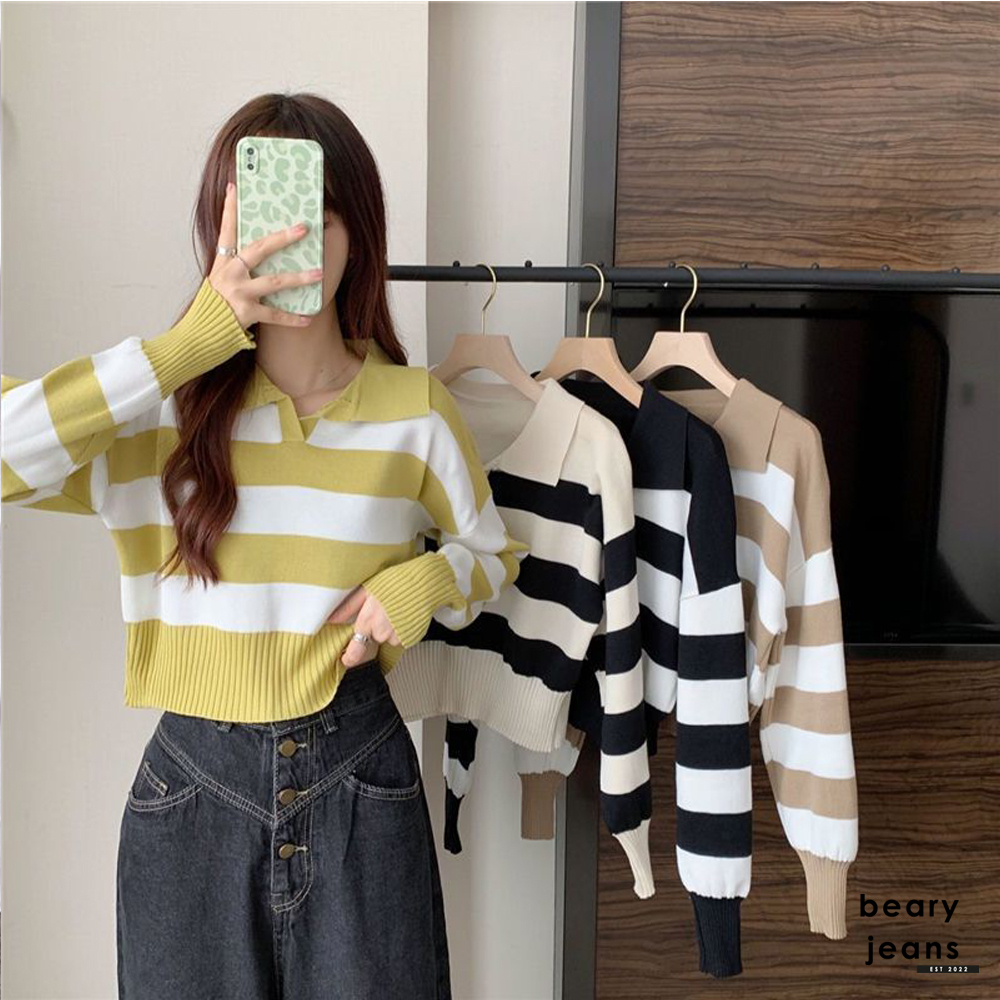 BEARYJEANS Blaster Sweater Atasan Rajut Wanita Crop Top Korea Striped Loose Pullovers Premium Import Korean Style - BJ087