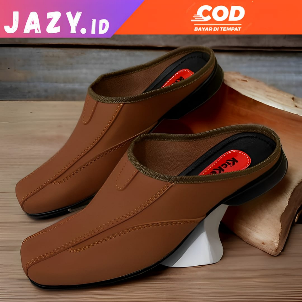 JAZY - Sepatu Sandal Pria Casual Sendal Sepatu Kondangan Selop Kulit Asli Bustong Tutong Keren Cowo/