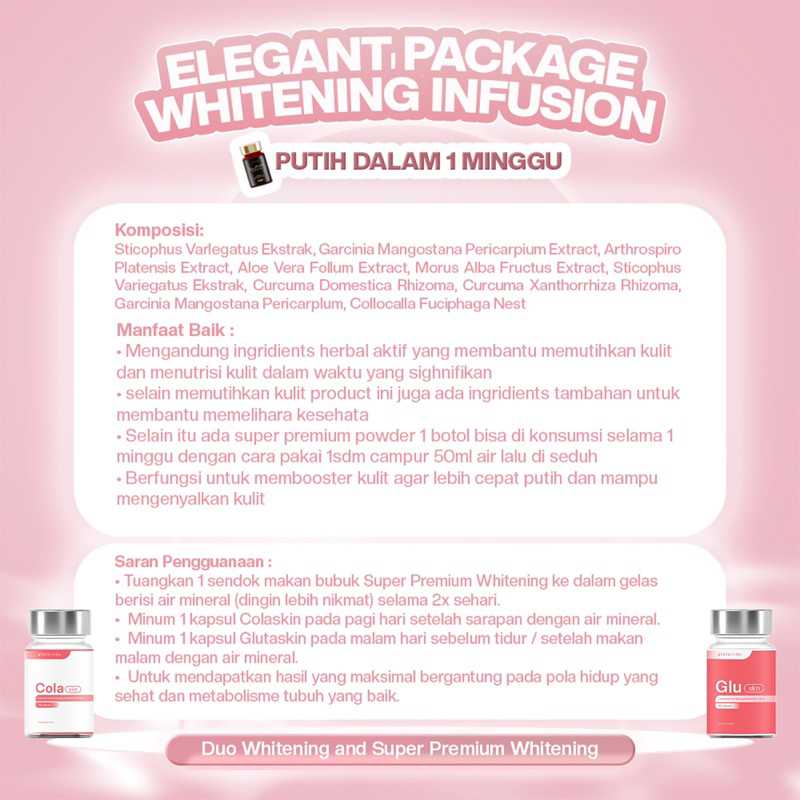 Glutaindo Elegant Package Whitening Infusion - Suplemen Pemutih Badan + Minuman Pemutih Badan Bpom