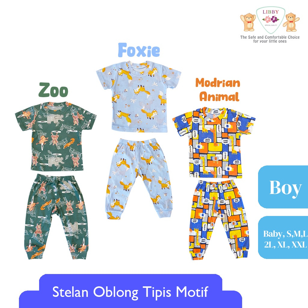 LIBBY Stelan Oblong Cotton Rib Pendek - Celana Panjang Motif Happy Farm Series (1stel)