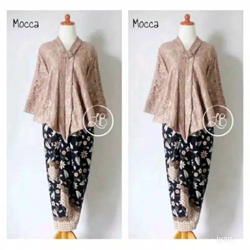 Set Kebaya Kutubaru Modern Floy Brokat Jumbo 4L ld 130 Baju Kartini Pesta Kondangan Warna Moca Abu A