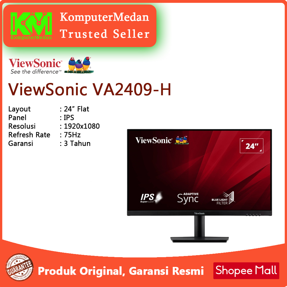 LED Monitor ViewSonic VA2409-H (24"/FHD/IPS/75Hz/3ms/VGA/HDMI/Borderless)