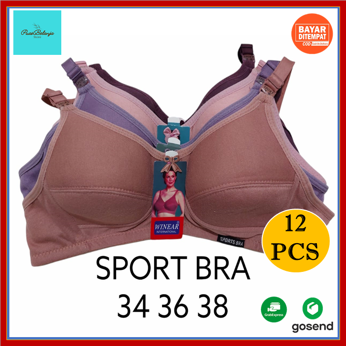 Sport Bra Kait 2 38 36 34 Bra Sport Jumbo Wanita Cup Besar (12 PCS) BH Sport Jumbo Kait 2 BH Senam Big Size Tanpa Kawat Busa Tipis Full Katun 1LUSIN