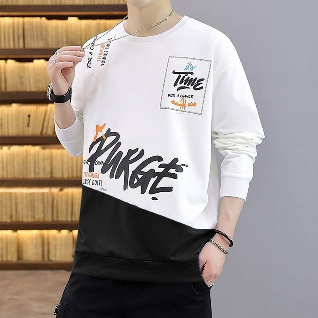 KIYOWO-Baju Kaos Atasan Sweater Pria Puckge Lengan Panjang