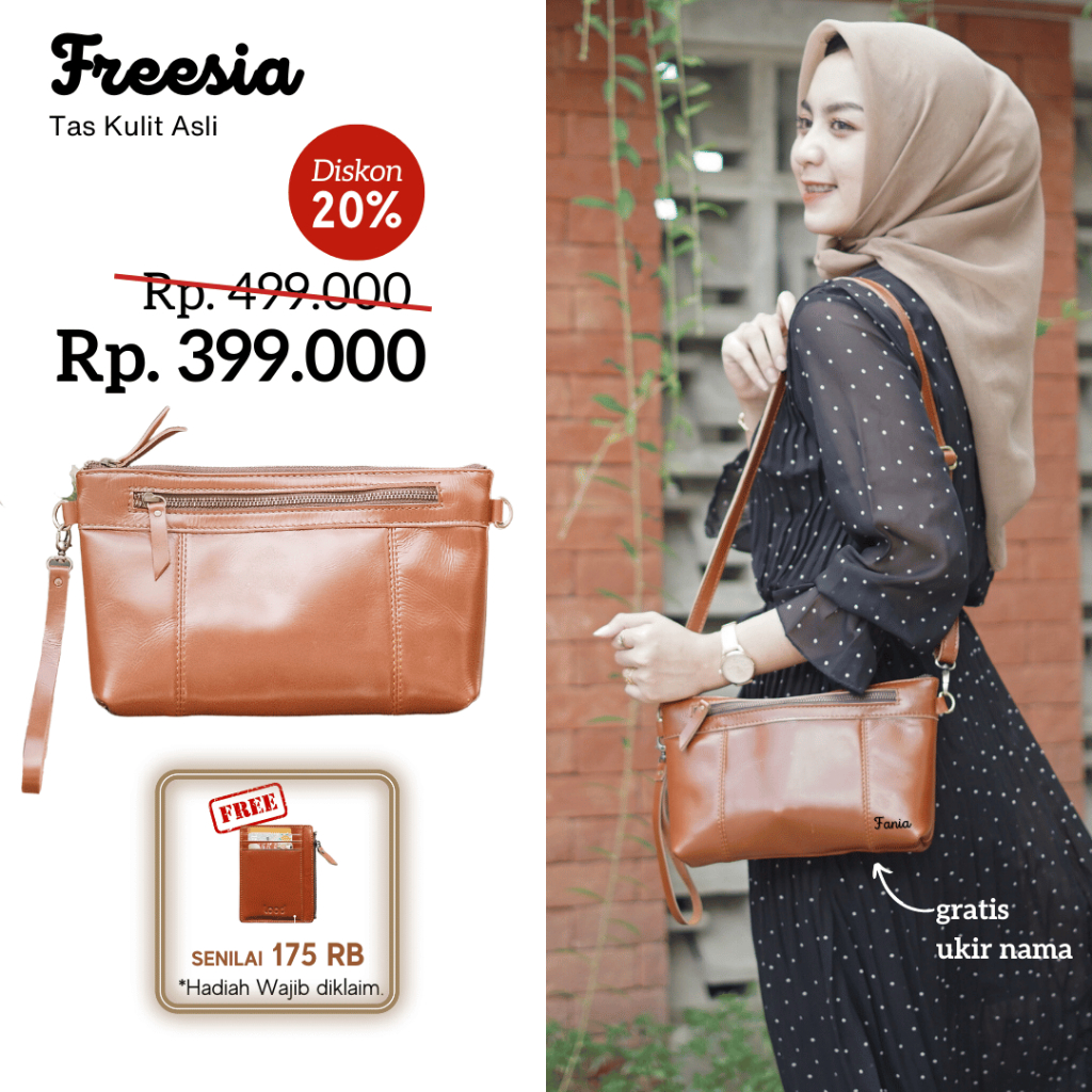 TAS SELEMPANG WANITA KULIT ASLI ORIGINAL 100% FREESIA  SLING BAG - GRATIS UKIR NAMA