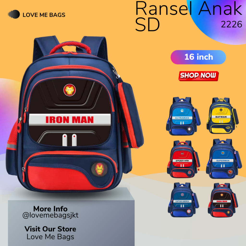 LMB Tas Sekolah Anak SD Import Laki Karakter Superhero Timbul 6D Ukuran Besar Bahan Nilon Premium Tebal