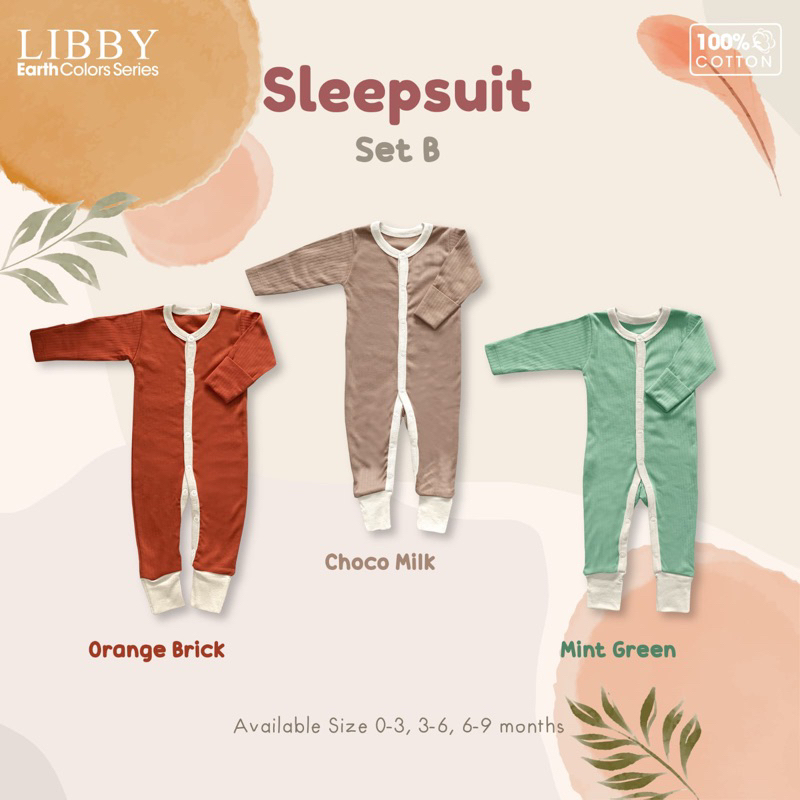 Sleepsuit Kancing Premium Libby Earth Series / Jumper Panjang Baby Buka Dan Tutup Kaki Size 0-3m/3-6m/6-9m