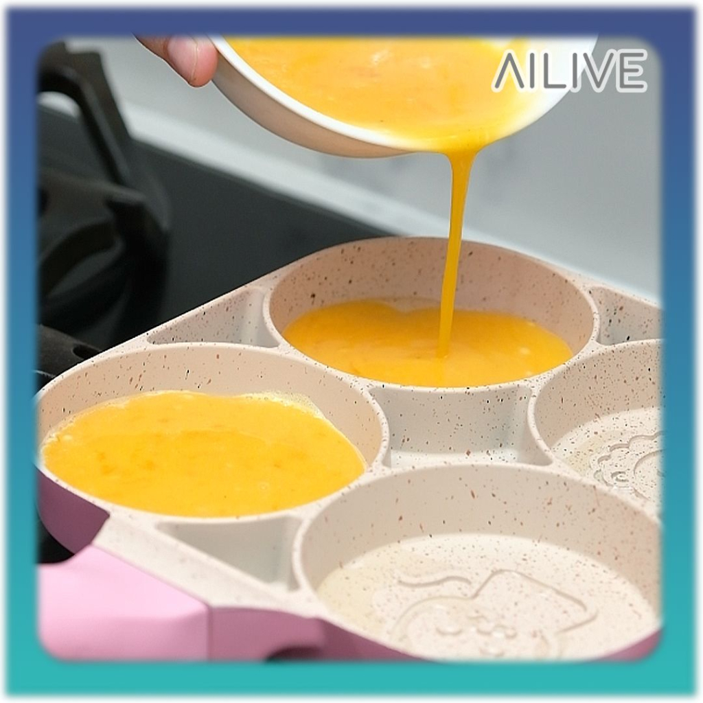 AILIVE OMIPAN Teflon Cetakan Telur Pancake / Teflon Omelet Pancake Anti Lengket 4 Lubang Dengan Corak / Pancake Egg Frying Pan Non-Sticky