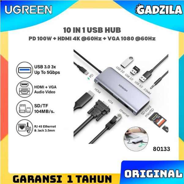 UGREEN Adapter Converter 9 in 1 Type C To Hdmi Vga Micro SD RJ45 4K Sd Card Type C Pd 3 Usb Port Charger Macbook Laptop 80133