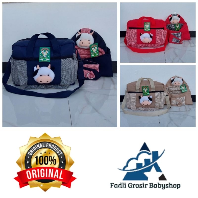 Paket Hemat (2 in 1) Tas Bayi Besar Fadli Boneka Sapi Dan Gendongan Bayi Samping Topi Kerut Boneka Sapi Terbaru